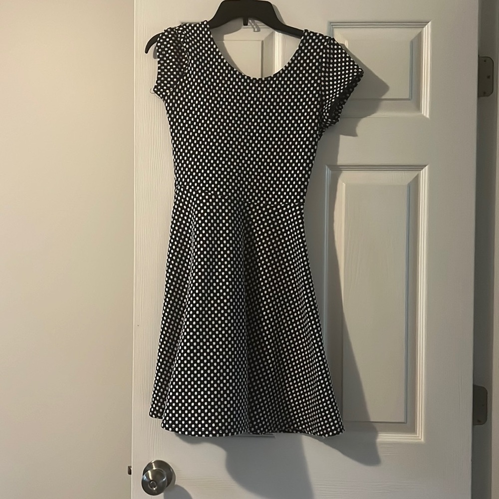 Blue and white polka dot dress